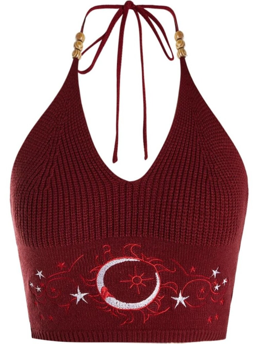 Women's Burgundy Embroidery Crop Top Western V-Neck Ribbed Knit Cowgirl Shirts